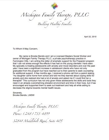 Michigan Family Therapy Letter of Support
